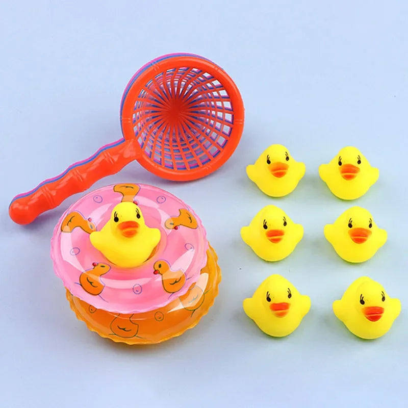 5Pcs/set Kids Floating Bath Toys Mini Swimming Rings Rubber Yellow Ducks Fishing Net Washing Swimming Toys Water Fun pool toys