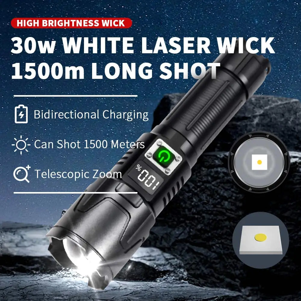 30W Super bright Long Shot Torch LED White Laser Flashlight USB Rechargeable Flash Light 26650 Flashlights Tactical Lantern