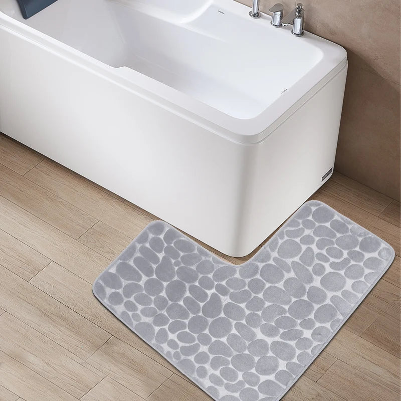 Cobblestone L-Shaped Bathroom Corner Mat Durable Water Absorption Low-Profile Floor Foot Mat Soft Non-slip Bath Mat Bathroom Rug