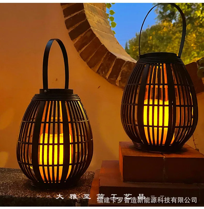 Outdoor Solar Imitation Rattan Lantern Courtyard Balcony Garden Decoration Candle Lights Creative Atmosphere Bamboo Chandelier