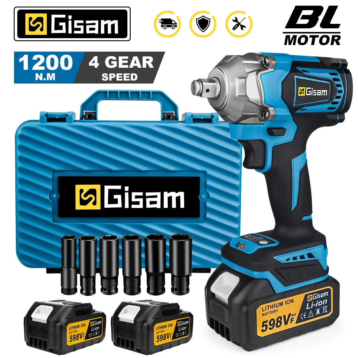 Gisam 1200N.M Torque Brushless Electric Impact Wrench 1/2 inch Cordless Wrench Screwdriver Power Tools For Makita 18V Battery