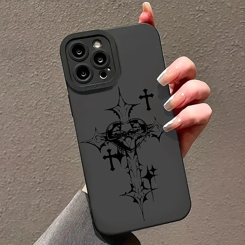 Phone Case For iPhone 16 15 14 11 12 13 Pro Max Mini 7 8 Plus X XR XS Max SE 2020 2022 Black Cross Print Shockproof Soft Cover