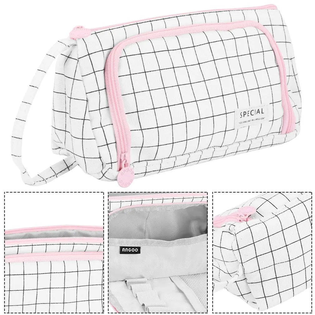 New Stationary Pen Storage Bag Simple Plaid Pencil Case Multi Layer Large Capacity Cosmetic Travel Canvas Pen Pencil Storage Bag