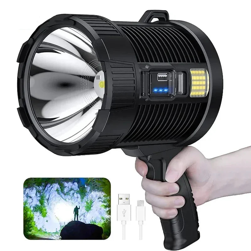 Newest XP70 Super Brightness Rechargeable Led Flashlight Solar Searchlight Powerful Torch Spotlight Portable Lighting 9000mAh