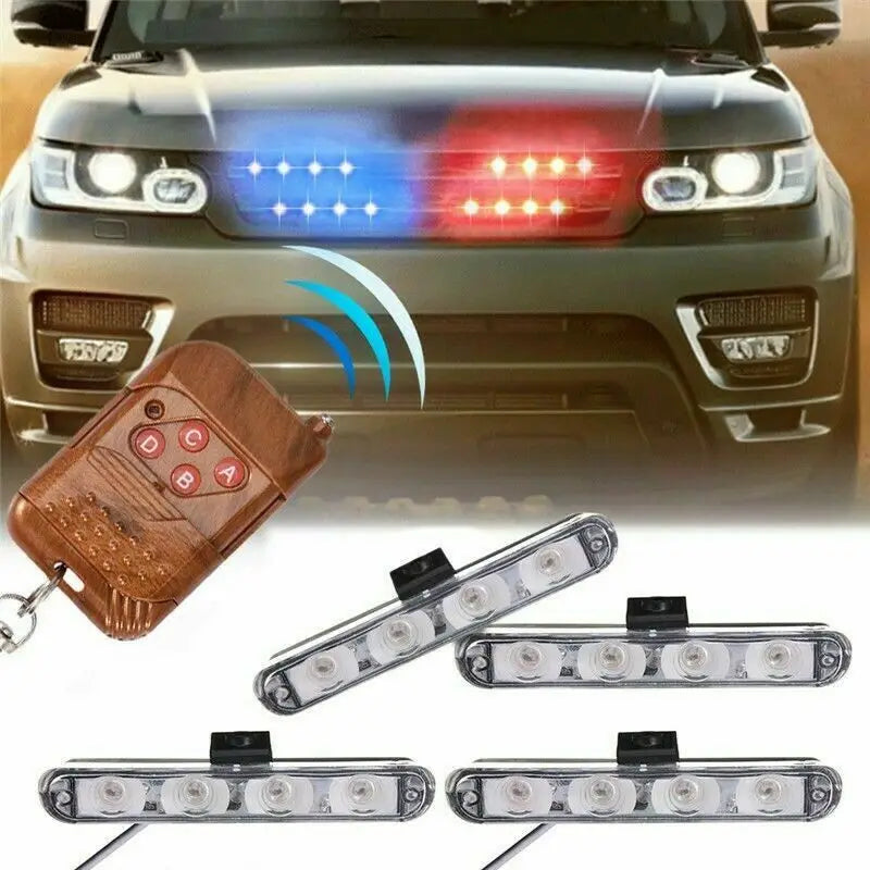 4 In 1 Red Blue Emergency Strobe Lights Police Lights 12V with Wireless Remote Control Flash Grille Lamp for Cars Truck Van SUV