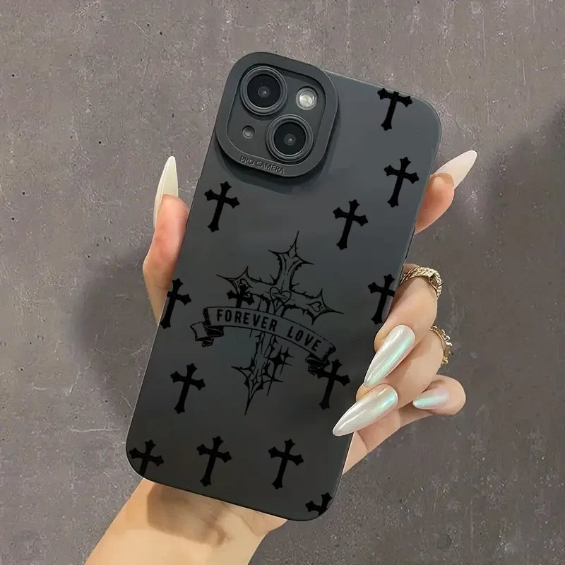 Phone Case For iPhone 16 15 14 11 12 13 Pro Max Mini 7 8 Plus X XR XS Max SE 2020 2022 Black Cross Print Shockproof Soft Cover