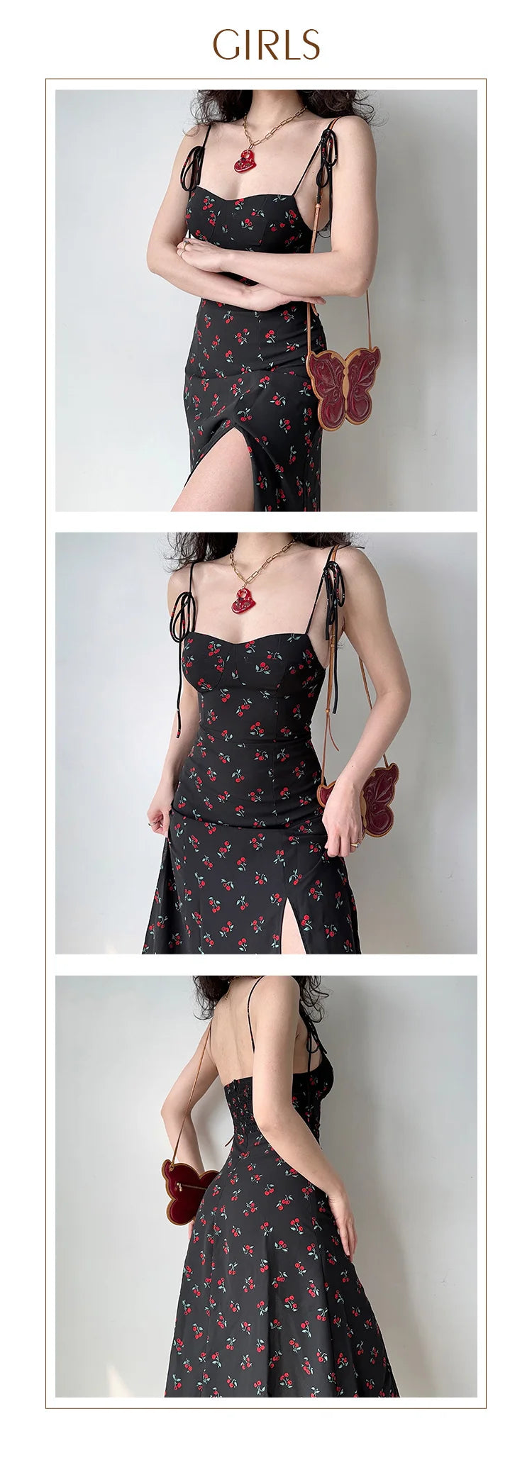 TVVOVVIN European and American Slim Fit Shoulder Lace Up Side Split Cherry Print Strap Dress Women's Sexy Holiday Dress 73Y2