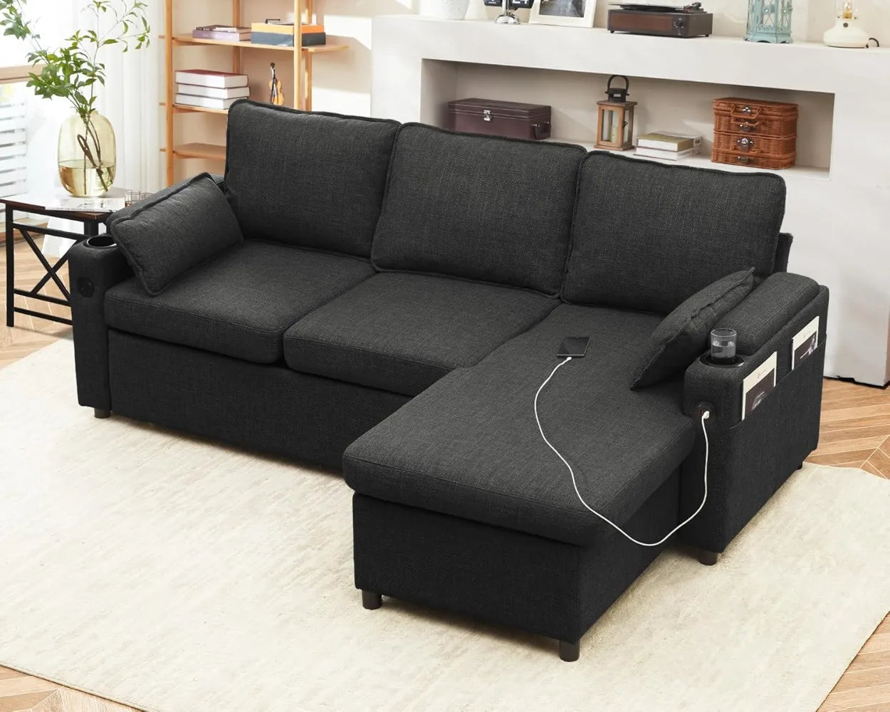 Sofa Bed Sleeper Pull Out 2 in 1 Sectional Sleeper Sofa with Storage,USB, Cup Holder,Pullout Sectional Couches for Apartment