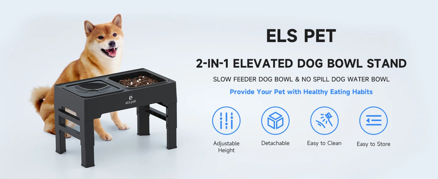 ELS PET Elevated Dog Bowls Adjustable Raised Dog Bowl with Slow Feeder Dog Bowl and Dog Water Bowl Non-Spill for Dogs and Pets