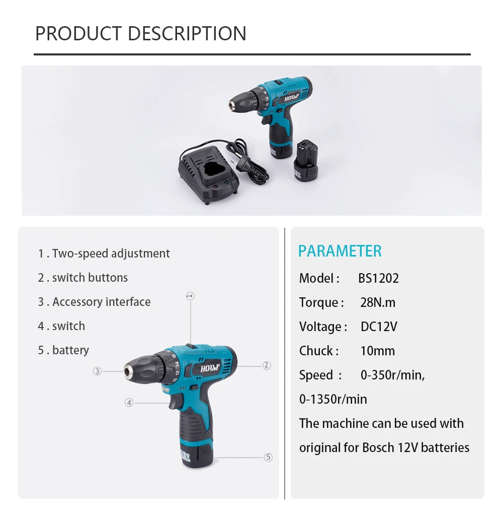 Hormy Cordless Electric Drill Electric Screwdriver Hand Driver Wrench Speed Adjustable No Battery Motor Power Tool For Bosch 12V