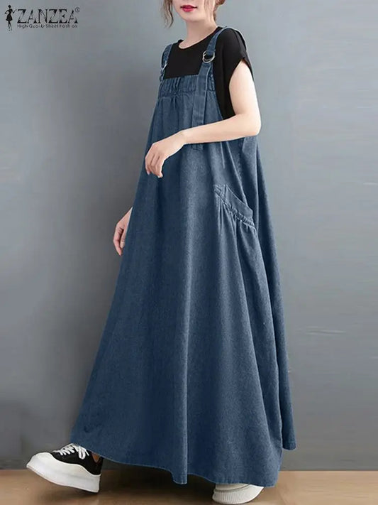 Summer Elegant Overalls Dress Oversized Sundress Women Vintage Straps Solid A-line Denim Blue Vestidos Fashion Work Sarafans