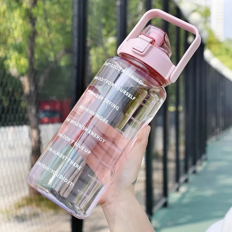 2L Portable Water Bottle Large Capacity Plastic Straw Water Cup Drink Bottle With Time Marker For Outdoor Sports Fitness