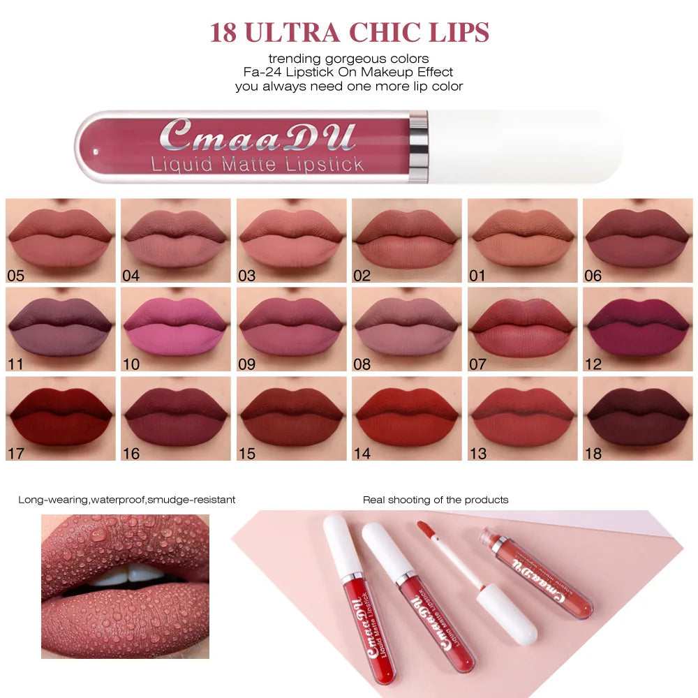 Sexy Long Lasting Velvet Matte Lip Gloss Liquid Lipstick Lip Makeup Women Beauty Red Nonstick Cup Waterproof Lip Gloss 18 Color