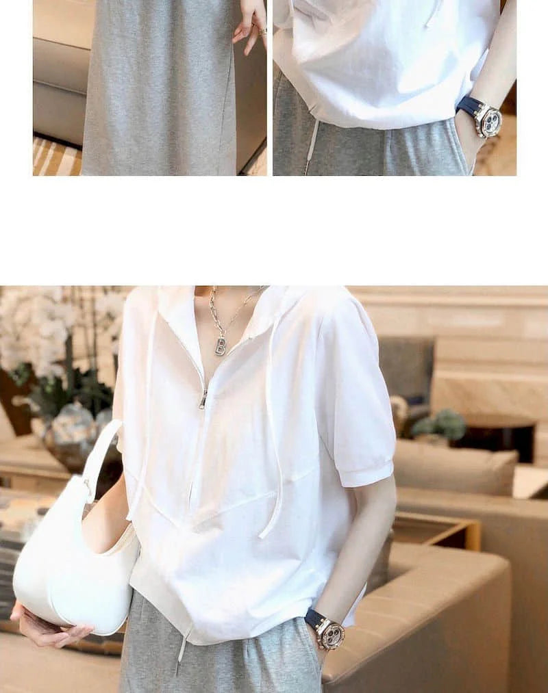 2024 Summer Hooded T-shirt Women Korean Loose All-match White Casual Tops Stitching Cotton Short-sleeved T Shirt Women's Trend