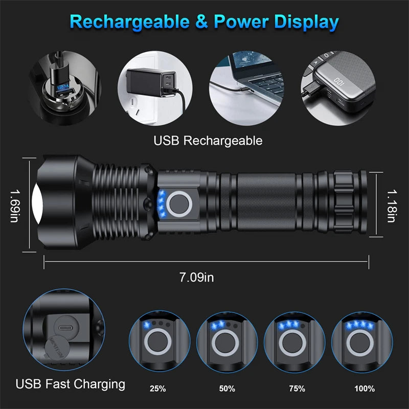 1~2 Pack Rechargeable Flashlight 100000 High Lumen Waterproof LED Flashlight for Emergencies High Powered Flashlight with 5 Mode