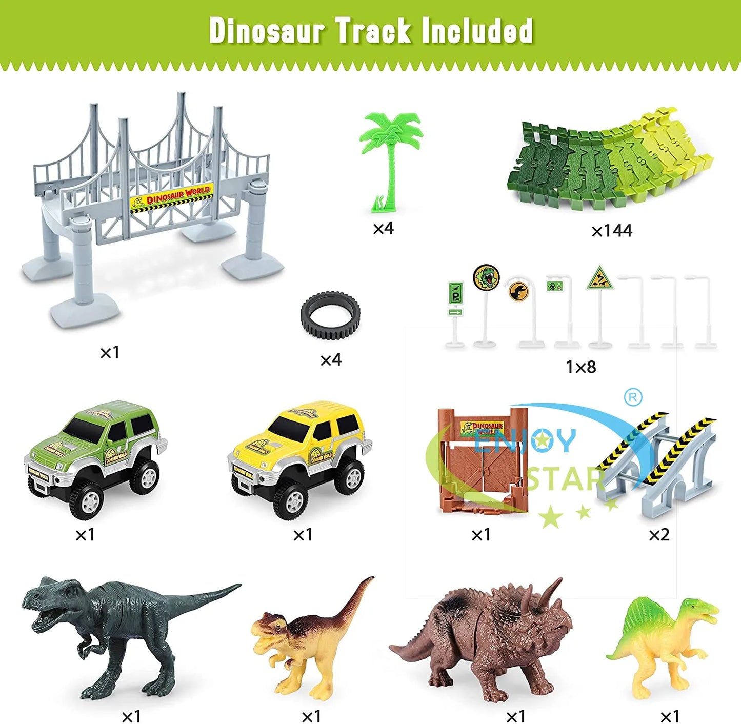 156pcs Dinosaur Railway Car Track Toy Set DIY Assemble Road Race Set with Flexible Track Dinosaur Toys Bridge Ramps Toys for Kid