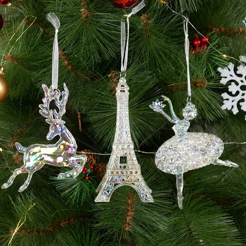 Christmas Tree Acrylic Crystal Pendant Clear Snowflake Bell Elk Xmas Tree Hanging Ornament Chrismas Home Dec 2025 New Year Gifts