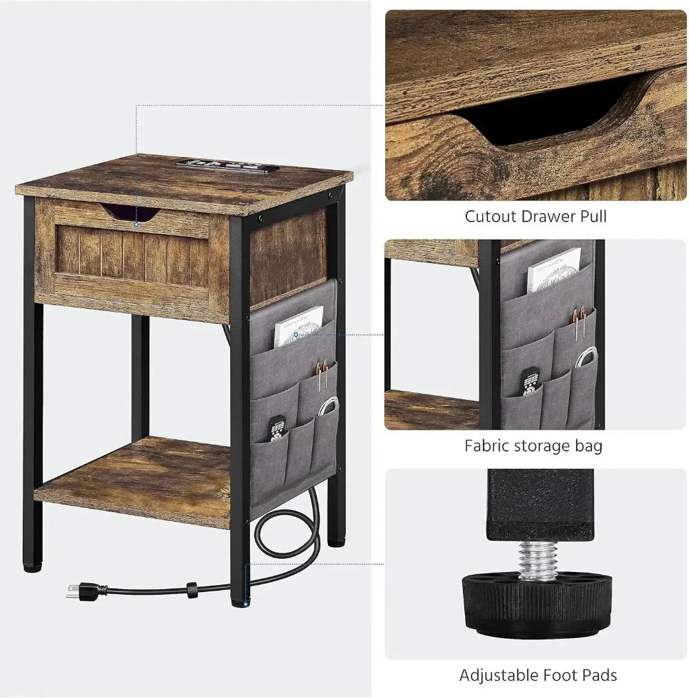 Wood Bedside Table with Drawer&Shelf,Bedside Cupboard with 2USBOutlets,Steel-Framed Bedside Cabinet with Storage Bag for Bedroom