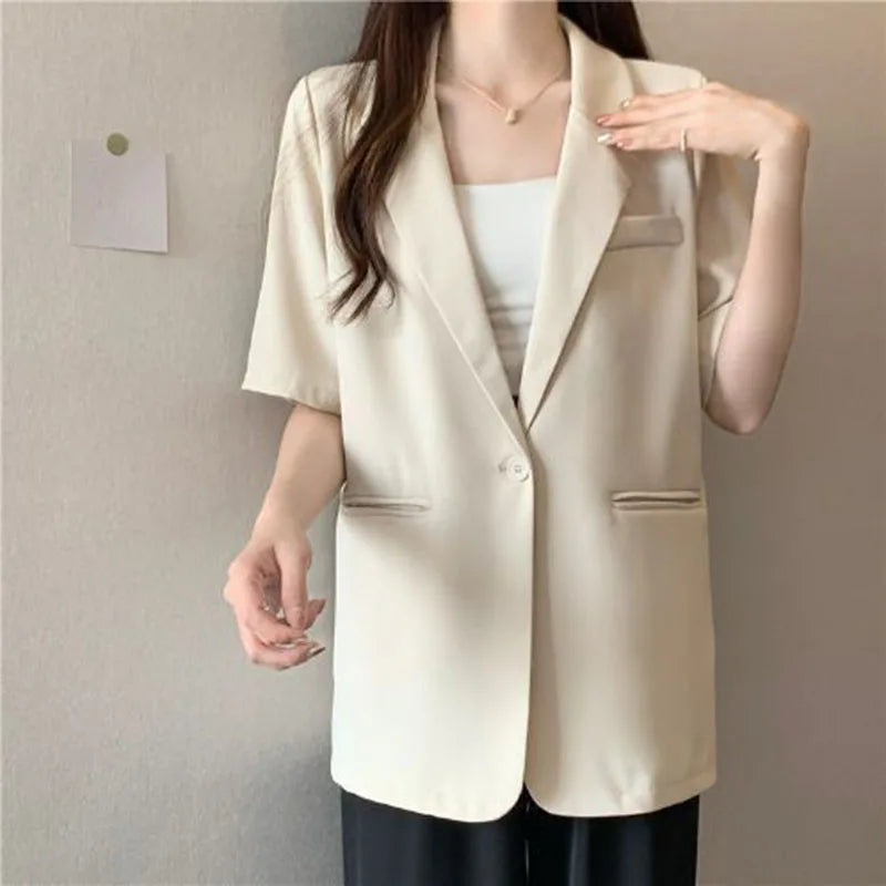 Thin Suit Jacket Women 2024 Summer Casual All Match Single Button Coat Woman Korean Style Loose Balck White Short Sleeve Jackets