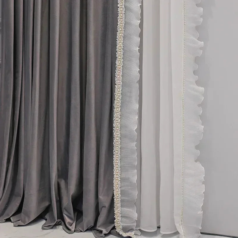 French Luxury Curtains for Living Room Romantic Dining Bedroom Windows Gray Velvet High Shading Stitching Lace Solid Color