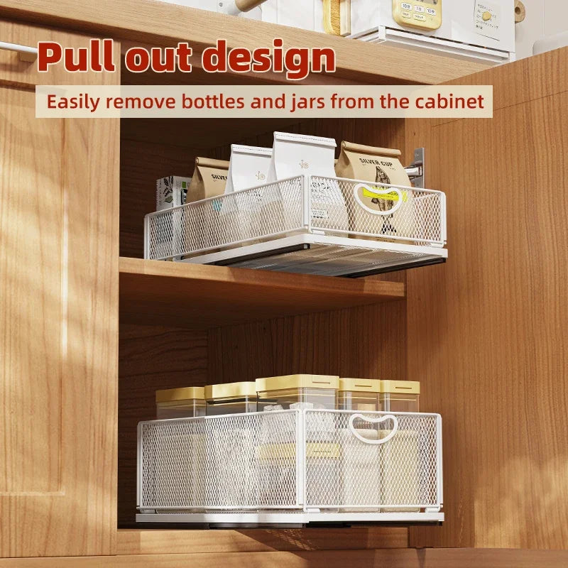 Kitchen Storage Drawer Cabinet Under Sink Pull Out Basket with Rail Space-saving Bottle Can Jar Organizer Household Supplies