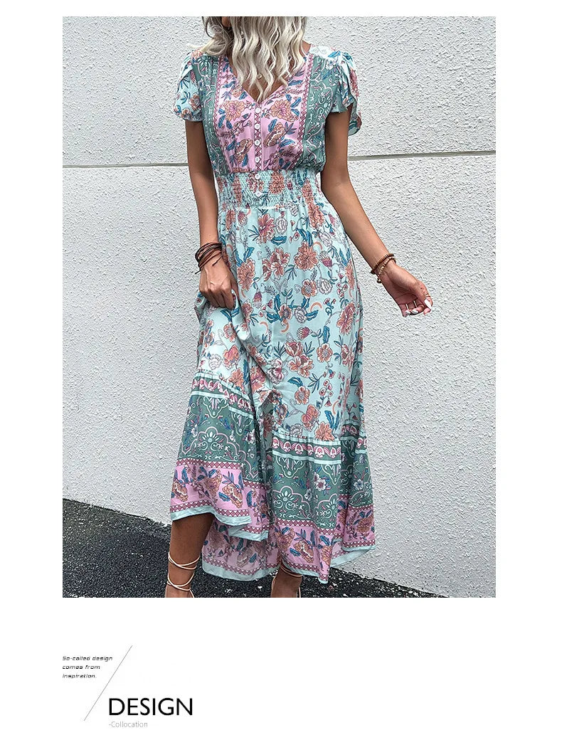 Vintage Floral Boho Printed Vestidos Women Short Sleeves V Neck Slit Midi Dresses A Line Bohemian Summer Beach Dress