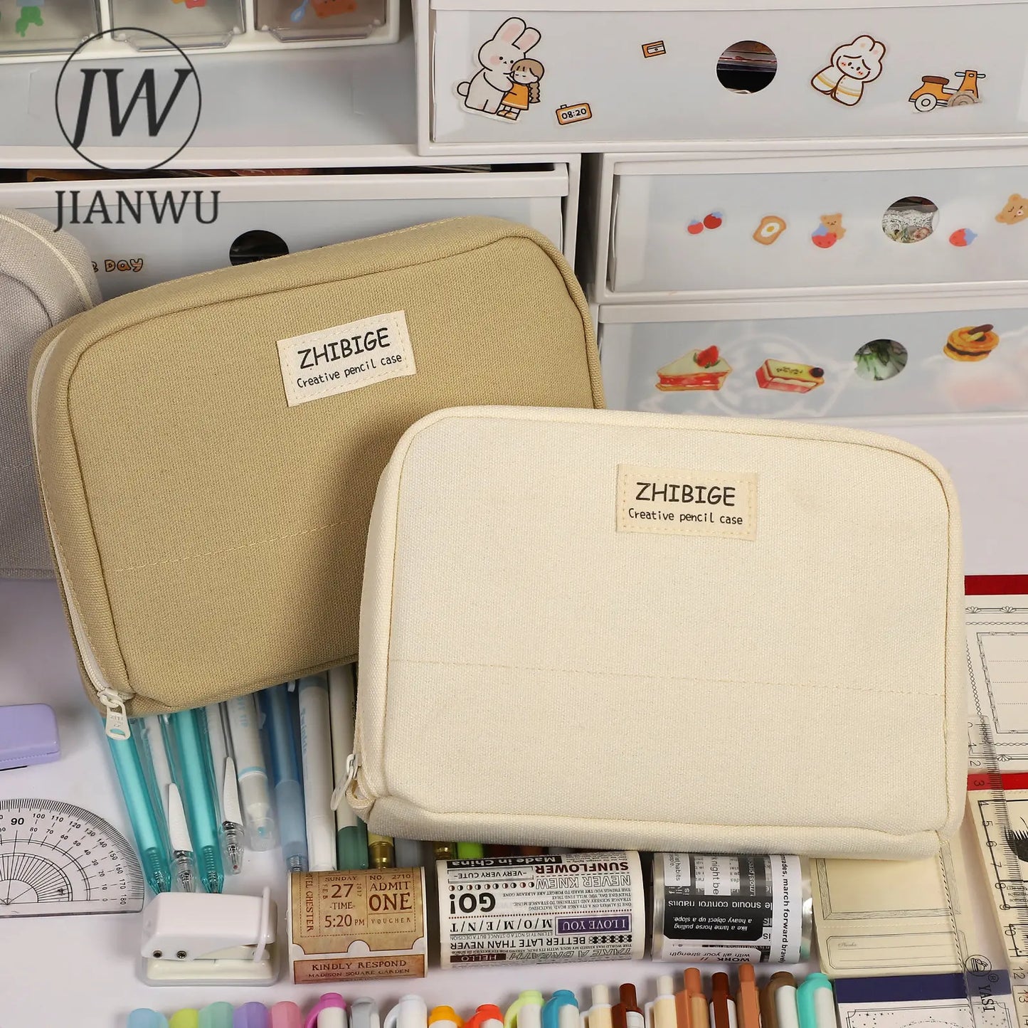 JIANWU Multi-functional Large-capacity Canvas Pencil Case Creative Simple Storage Pencil Case Student Supplies Stationary