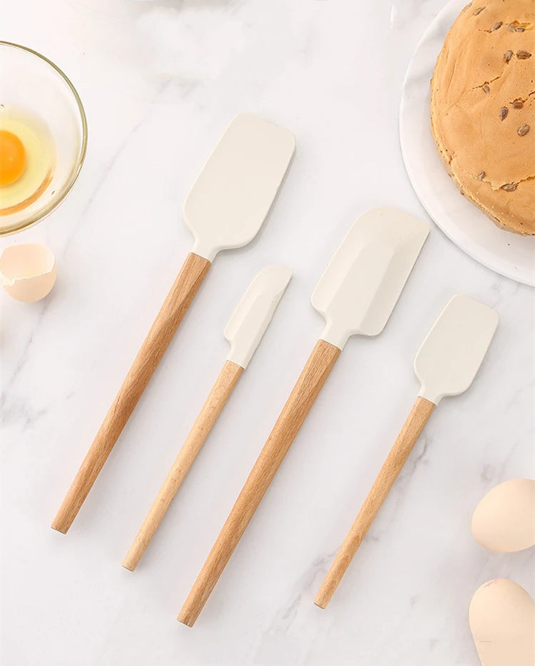 2Pcs/Set White Silicone Cream Spatula Non-stick Pastry Blenders Wood Handle Chocolate Butter Baking Scraper Kitchen Cake Mixer