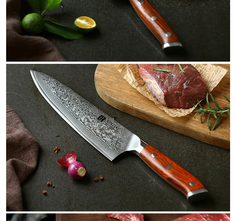 XINZUO 1PCS or 3PCS Kitchen Knife Sets Japanese Forged Damascus Steel Chef Santoku Knives Stainless Steel Rosewood Handle