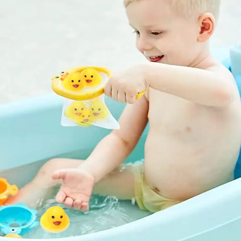 Baby Bath Toys for Kids Bathtub Duck Toy Set,Kids Floating Bath Toys with 6 Pcs  Ducks Fishing Net, Bathroom Toddler Toys Water