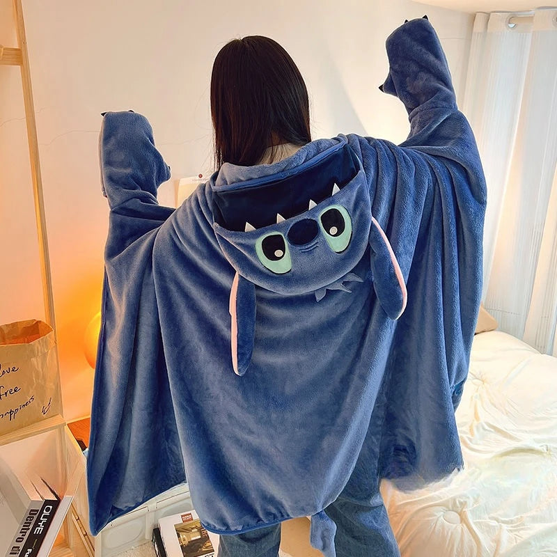 Stitch Hooded Cloak Blanket Cartoon Anime Thickened Big Blanket With Hat Stitch Warm Blanket Student Office Nap Blanket Girl