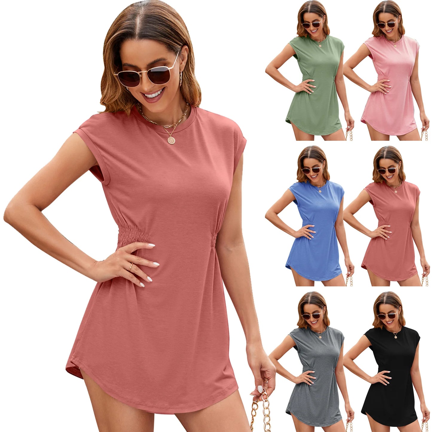 2024 New Women's Dress Solid Color Hooded Round Neck Short Dress Female Elastic Waist Mini Dress Pure Women's Summer Dress