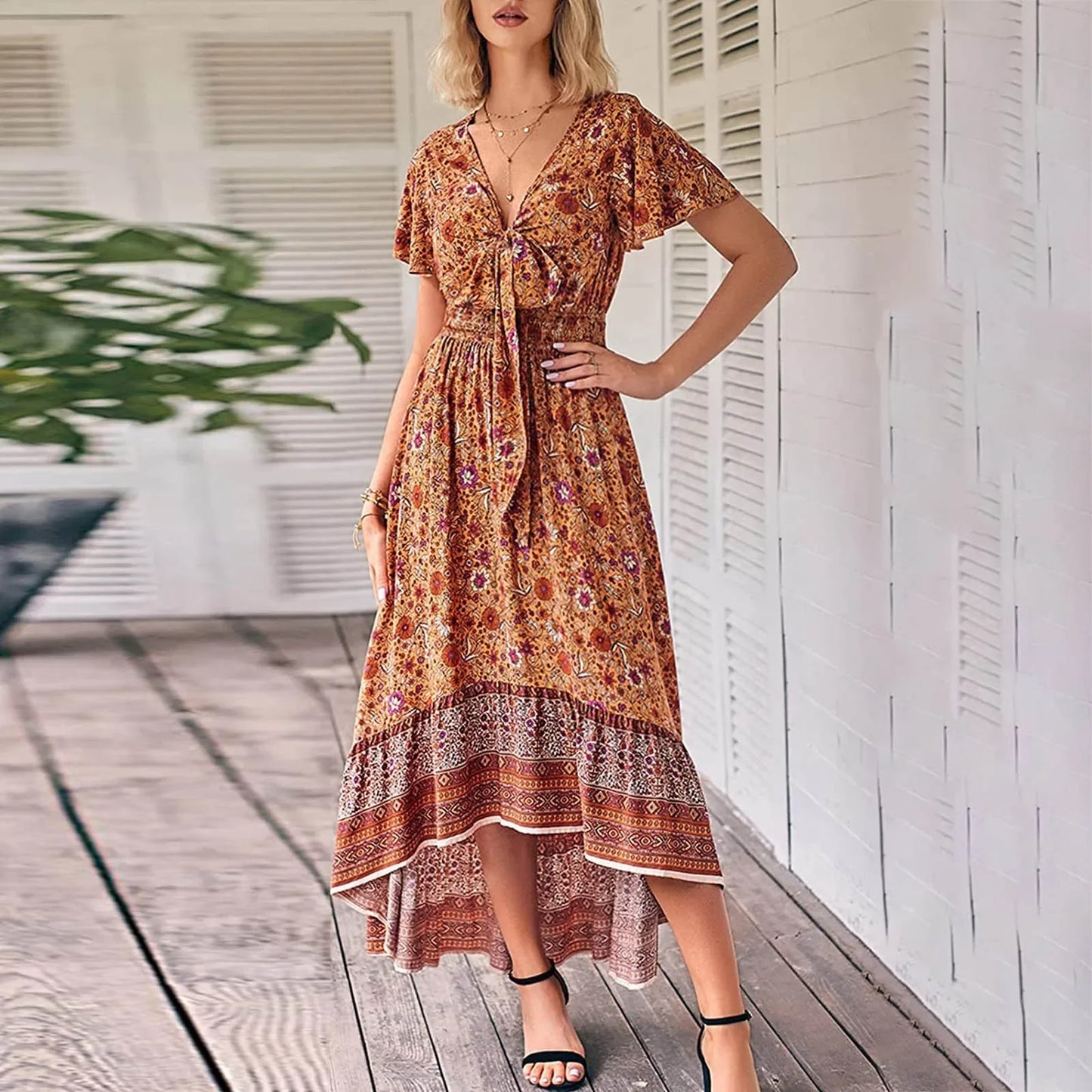 Boho Floral Print Long Dress Women Summer Beach Sundress Sexy Short Sleeve V Neck Ruffle Pleated Dress Bohemian Casual Dresses