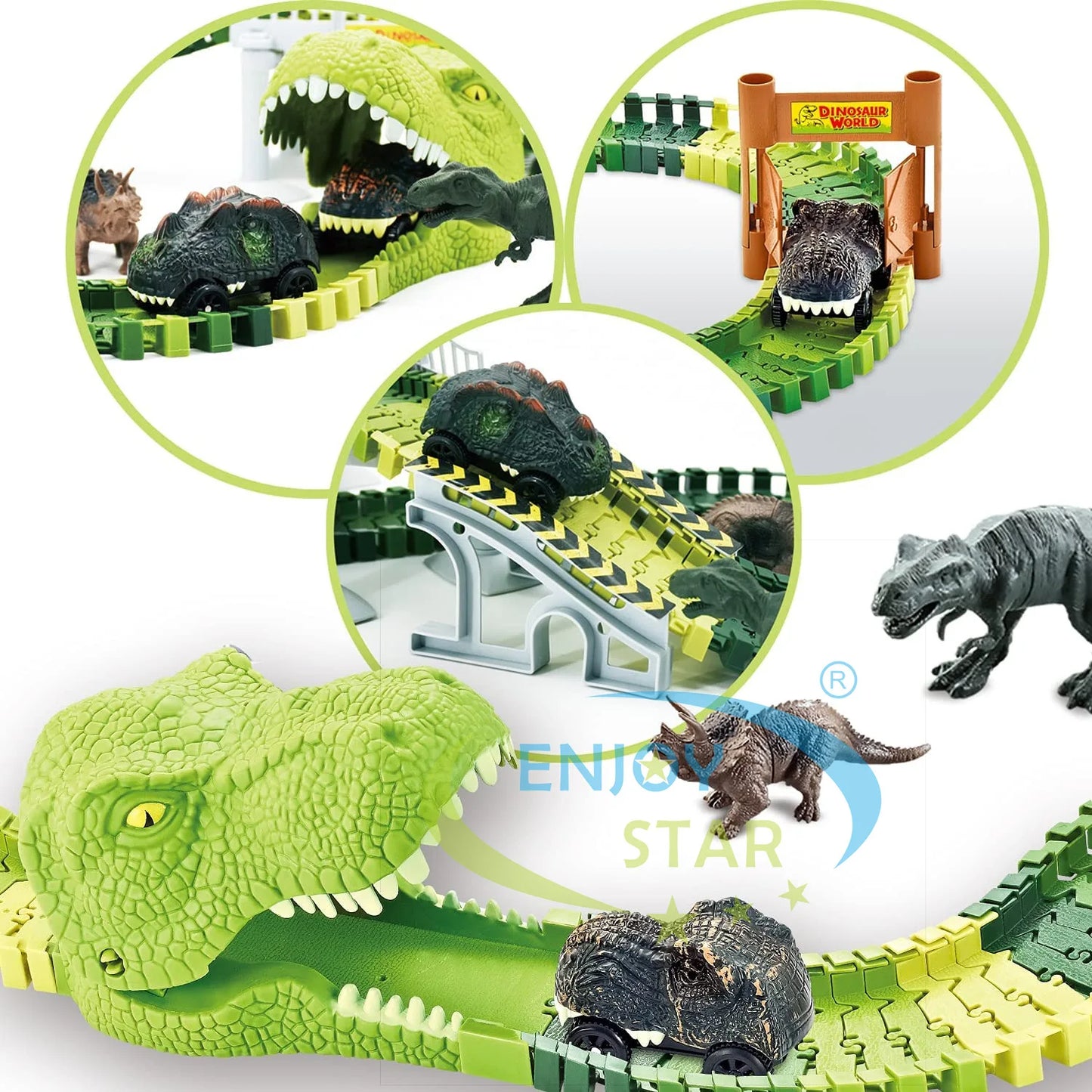 156pcs Dinosaur Railway Car Track Toy Set DIY Assemble Road Race Set with Flexible Track Dinosaur Toys Bridge Ramps Toys for Kid