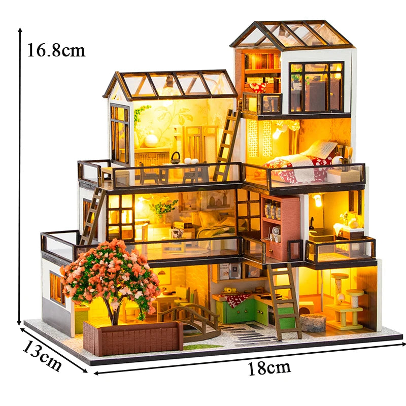 DIY Wooden Doll Houses Dream Town Casa Miniature Building Kit Villa Dollhouse with Furniture Led Lights for Girls Birthday Gifts