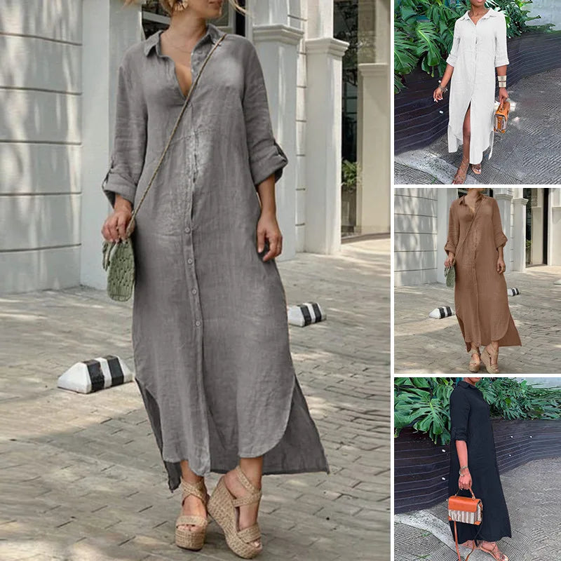 2024 New Women Cotton Blend Loose Dress Robe Spring Summer Solid Beach Sundress Female Clothing Single Breasted Long Shirt Dress