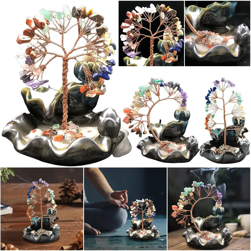 7 Chakra Tree Ceramic Incense Home Decor Healing Crystal Stone Money Tree Incense Burner House Warming Gift for Wealth Good Luck