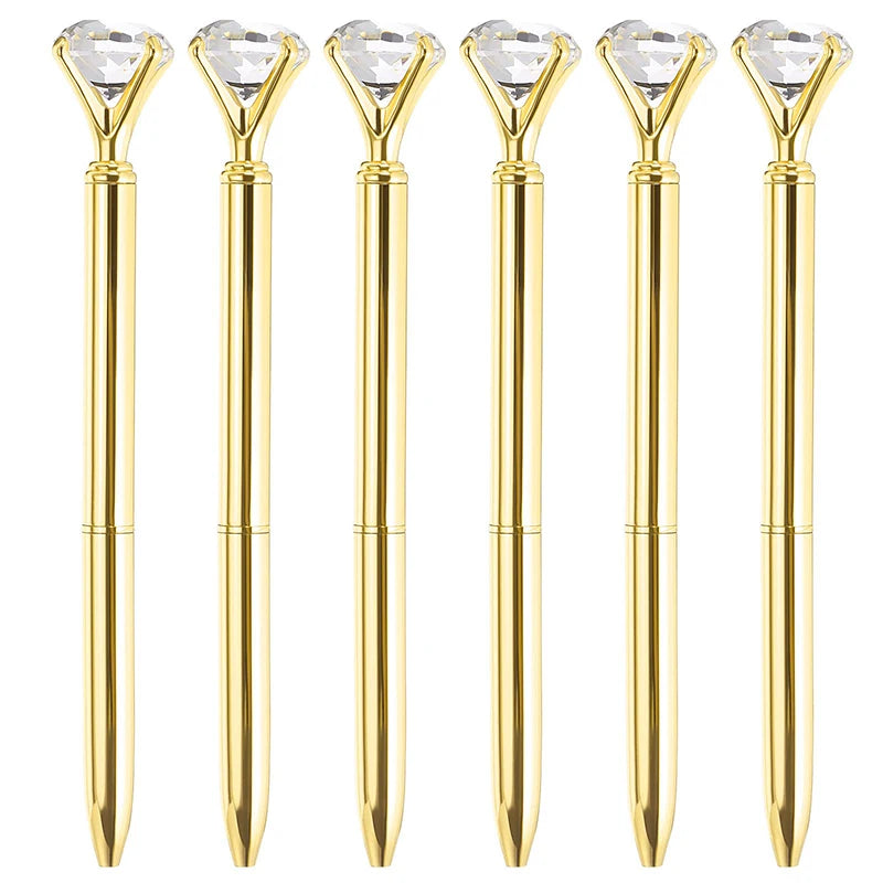 6Pcs Black Ink Diamond Pens Metallic Gold Large Crystal Rhinestones Ballpoint Pens Cute Stationary Writing Utensils