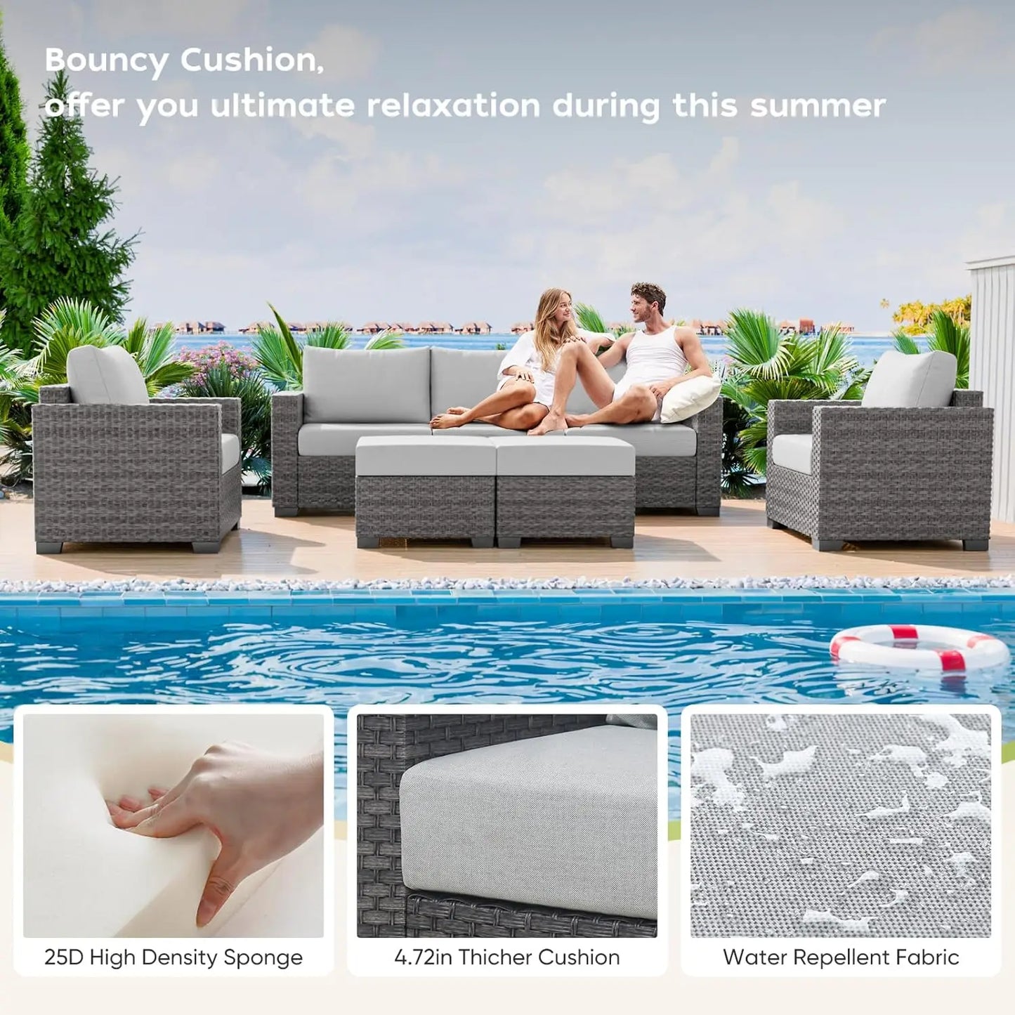 3-Seat Outdoor Sofa,Patio Couch Sofa,Patio Furniture Set for Garden,Poolside,Backyard,Porch, Deck, 4.72'' Thick Cushions, Grey