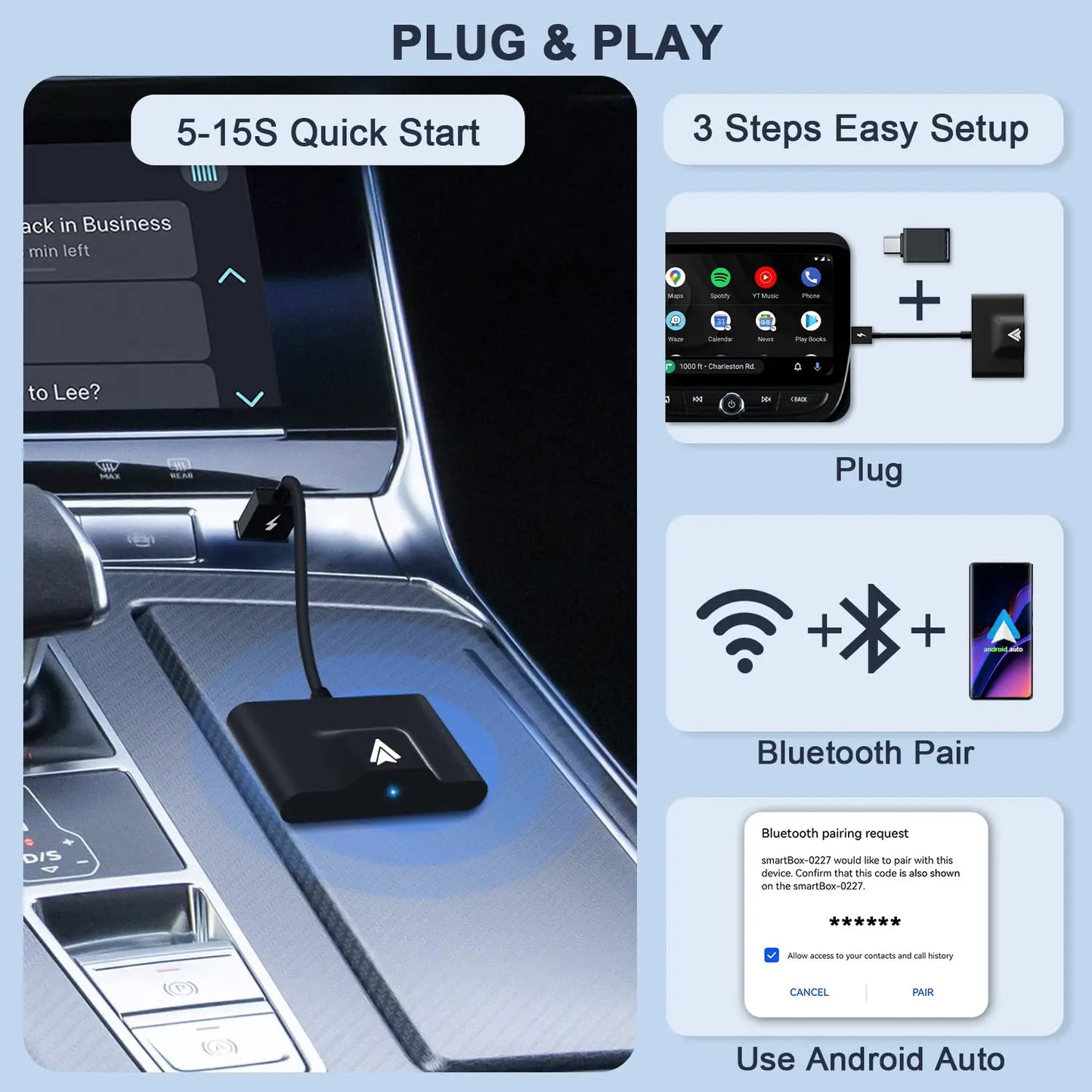 Wireless Android Auto Adapter for OEM Wired AA Cars Android Auto Dongle for Android Phone Convert Wired to Wireless 5Ghz WiFi