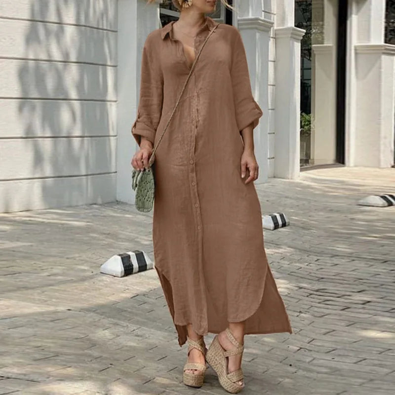 2024 New Women Cotton Blend Loose Dress Robe Spring Summer Solid Beach Sundress Female Clothing Single Breasted Long Shirt Dress