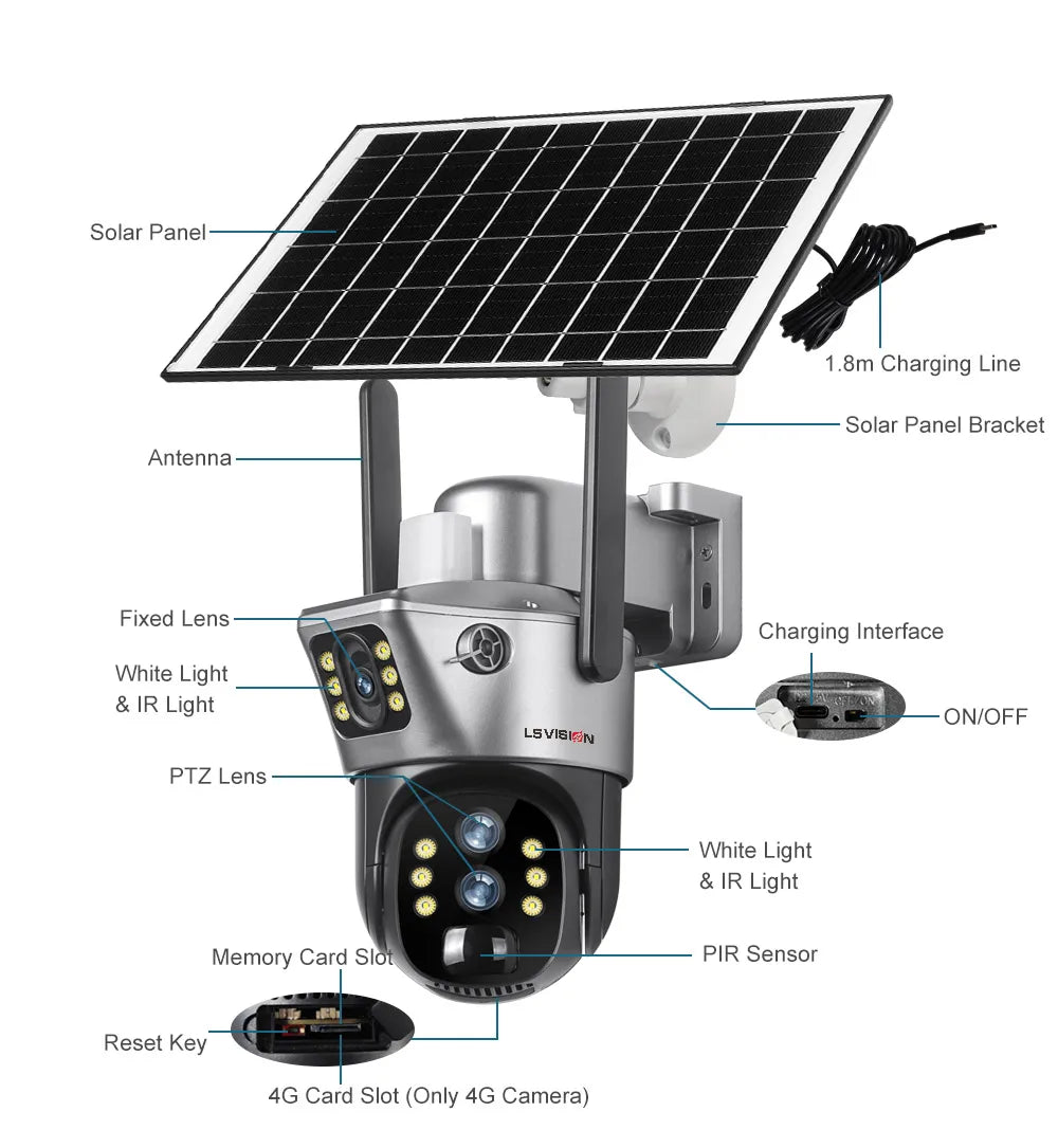 LS VISION 12MP 4G/WiFi Dual Screen Solar Camera Outdoor 10X Zoom 6K Three Lens Human Auto Tracking Surveillance Camera V380 Pro