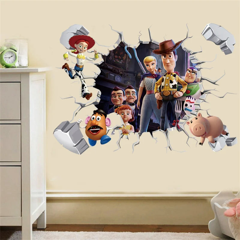 3D Broken Wall ToyStory Sherif Woody Wall Stickers For Kids Rooms Living Room Bedroom Kindergarten Wall Decoration Movie Poster