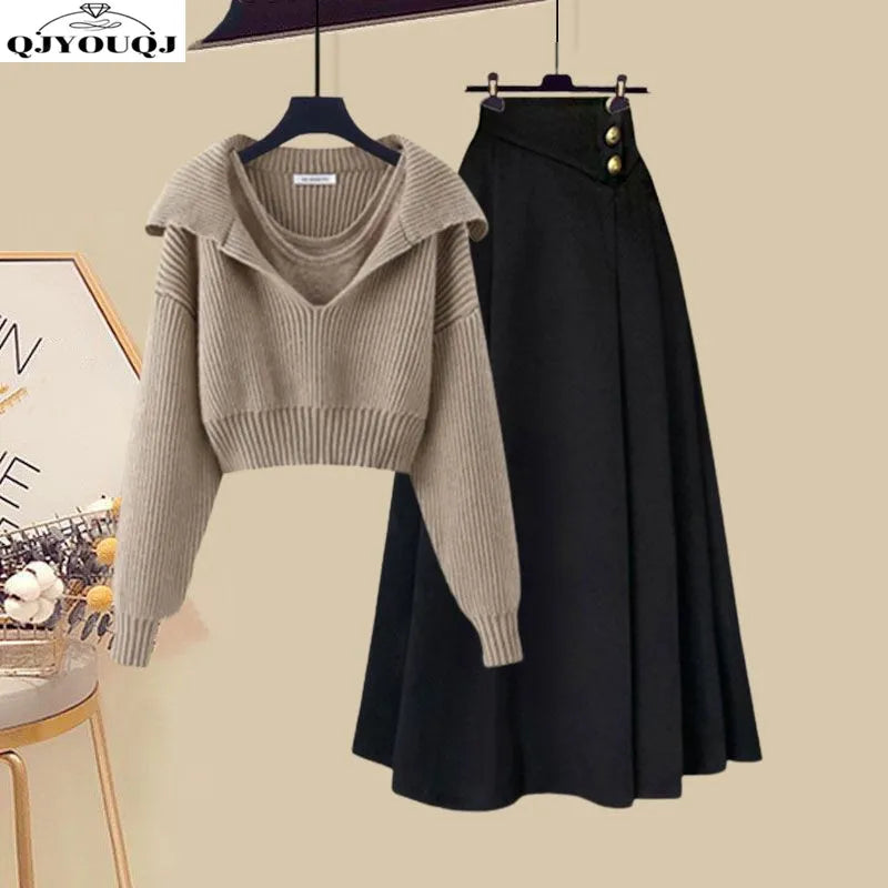 2024 Autumn/Winter Korean New Women's Set Fashion Sweater+Tank Top+High Waist Skirt 3-Piece Set Trendy