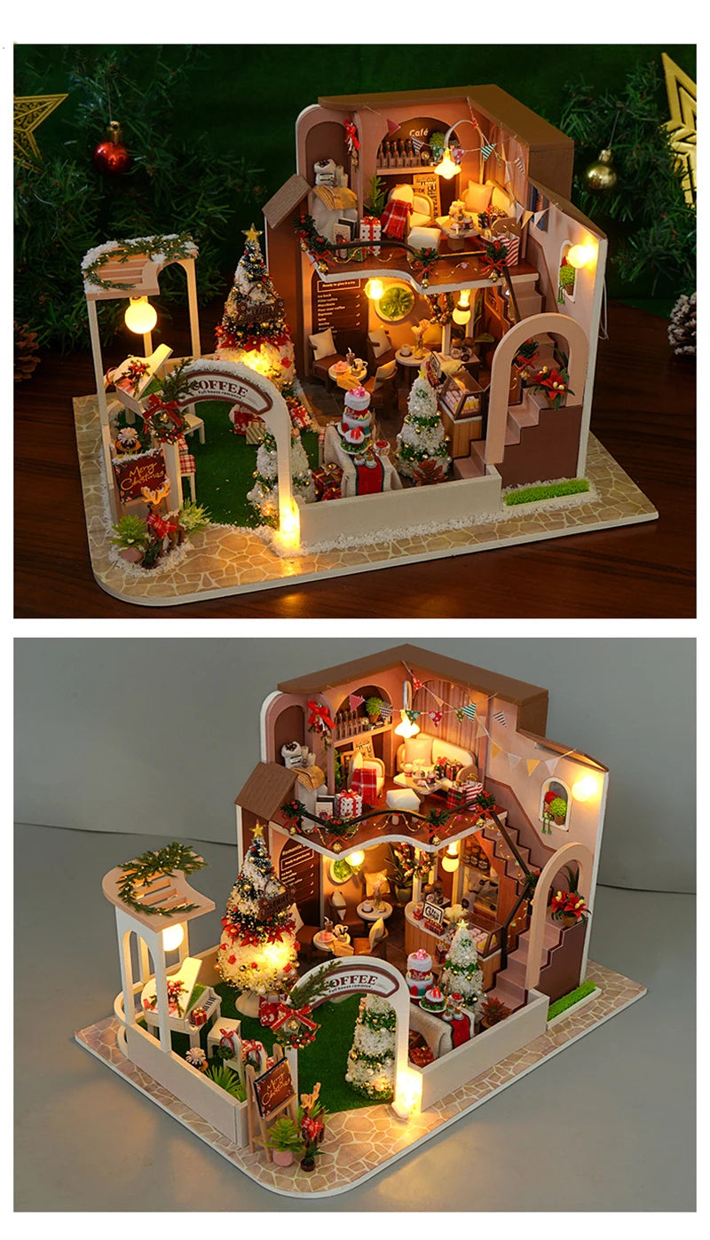 DIY Wooden Doll Houses Christmas Coffee Shop Casa Miniature Building Kit Villa Dollhouse with Furniture Led Light for Girls Gift