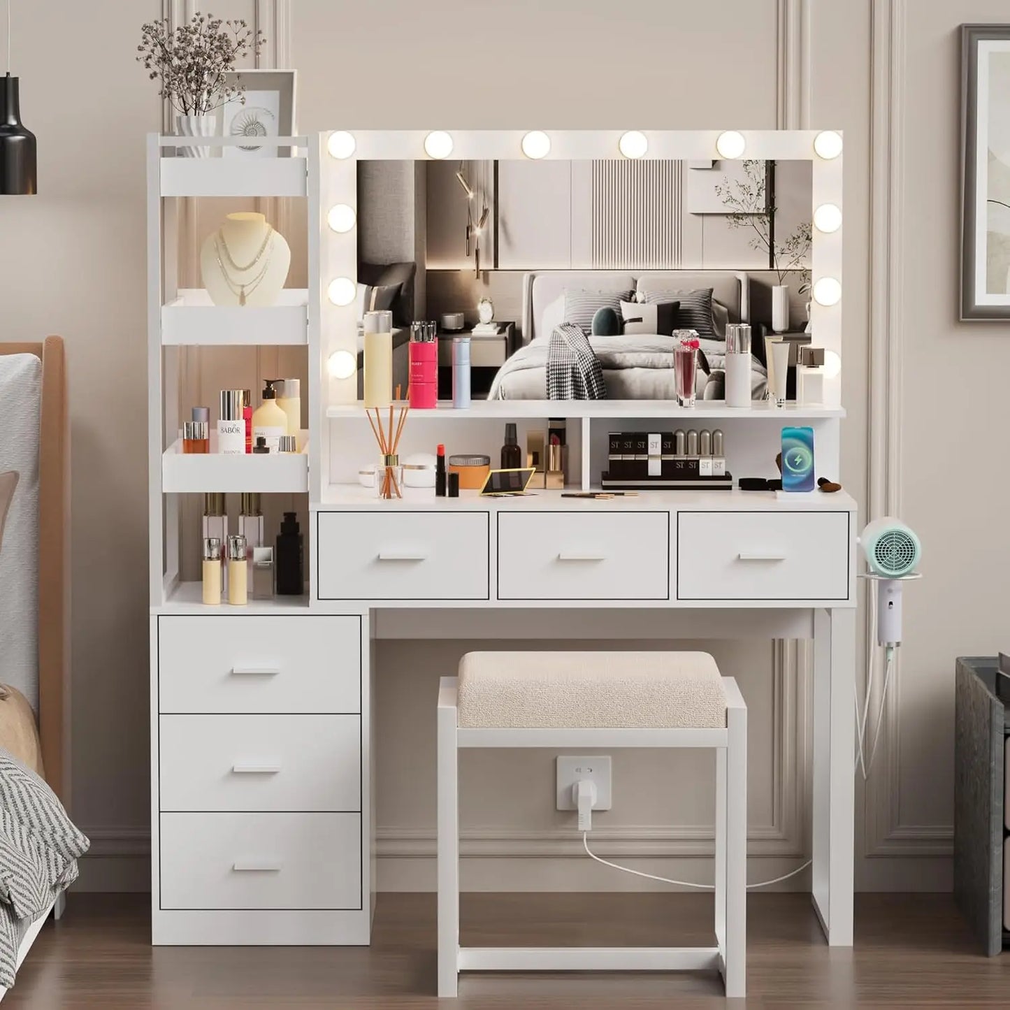 Makeup Vanity Desk with Mirror and Lights, Vanity Desk w/Charging Station, Drawers, Movable Shelves for Makeup, Modern Table Set