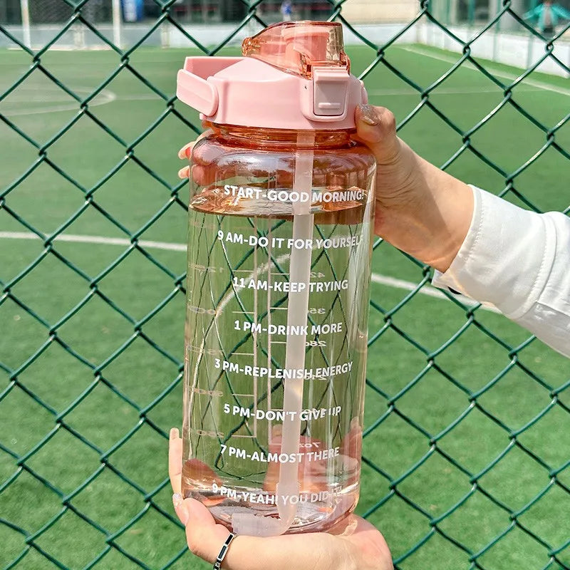 2L Portable Water Bottle Large Capacity Plastic Straw Water Cup Drink Bottle With Time Marker For Outdoor Sports Fitness