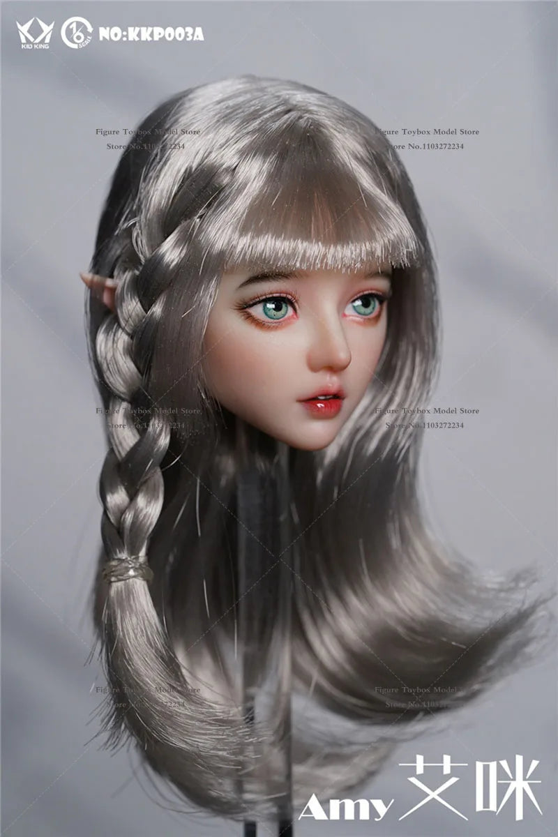 In Stock KID KING KKP003 1/6 Scale Beauty Girl Delicate Head Sculpt Sliver Curl Hair Decoration Model Toys For 12" Female Body