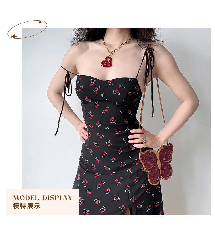 TVVOVVIN European and American Slim Fit Shoulder Lace Up Side Split Cherry Print Strap Dress Women's Sexy Holiday Dress 73Y2