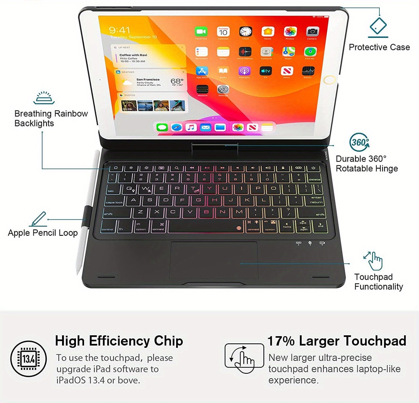 360° Rotatable BT Keyboard Touch,For IPad 9th (10.2", 2021),8th Gen (2020), 7th Gen (2019), Air 3, Pro 10.5，10 Color Backlight,